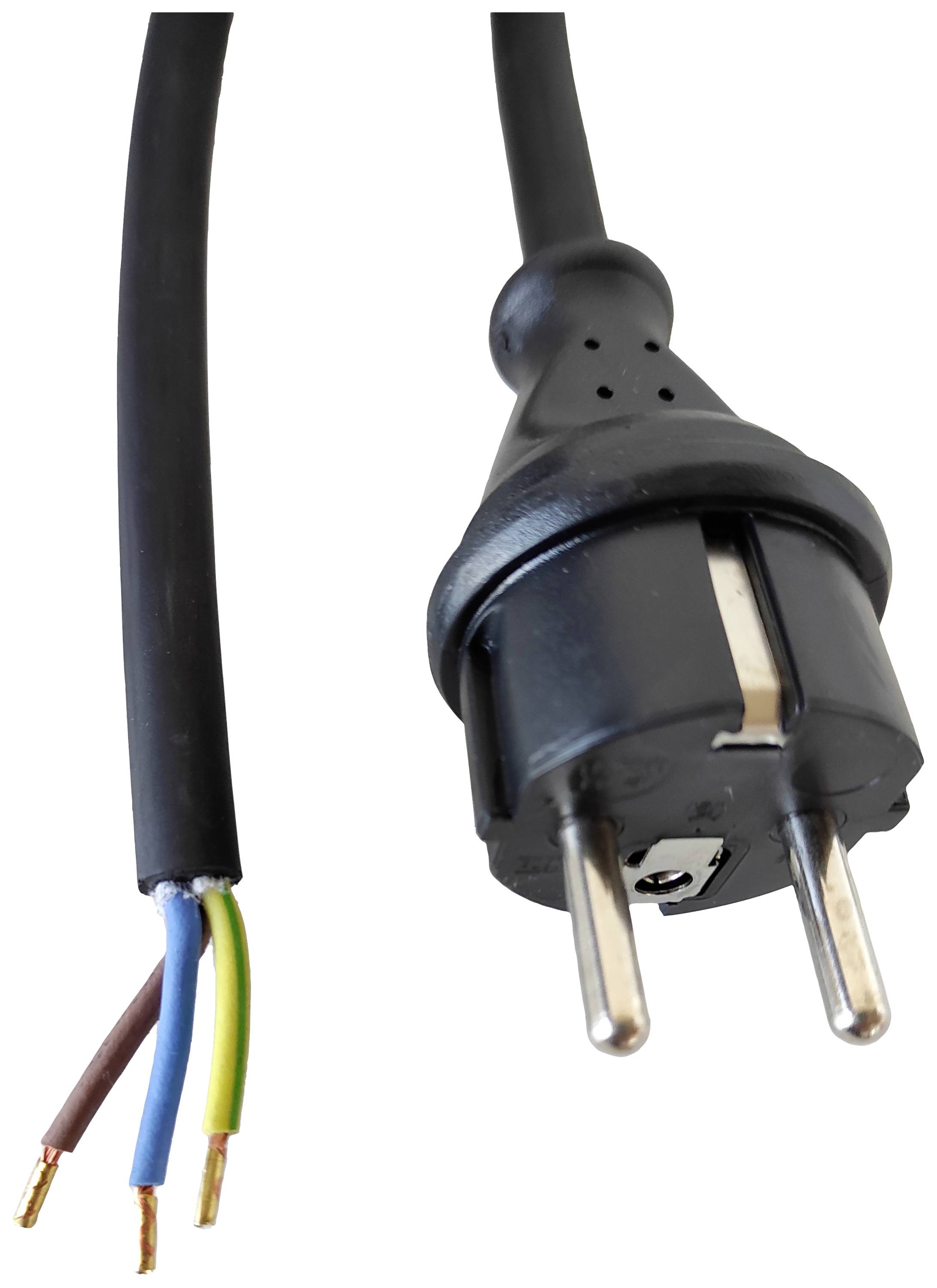 Ein abgetrennter Stromkabelstecker mit freiliegenden Drähten, die die Farben Braun, Blau und Gelb-Grün zeigen.