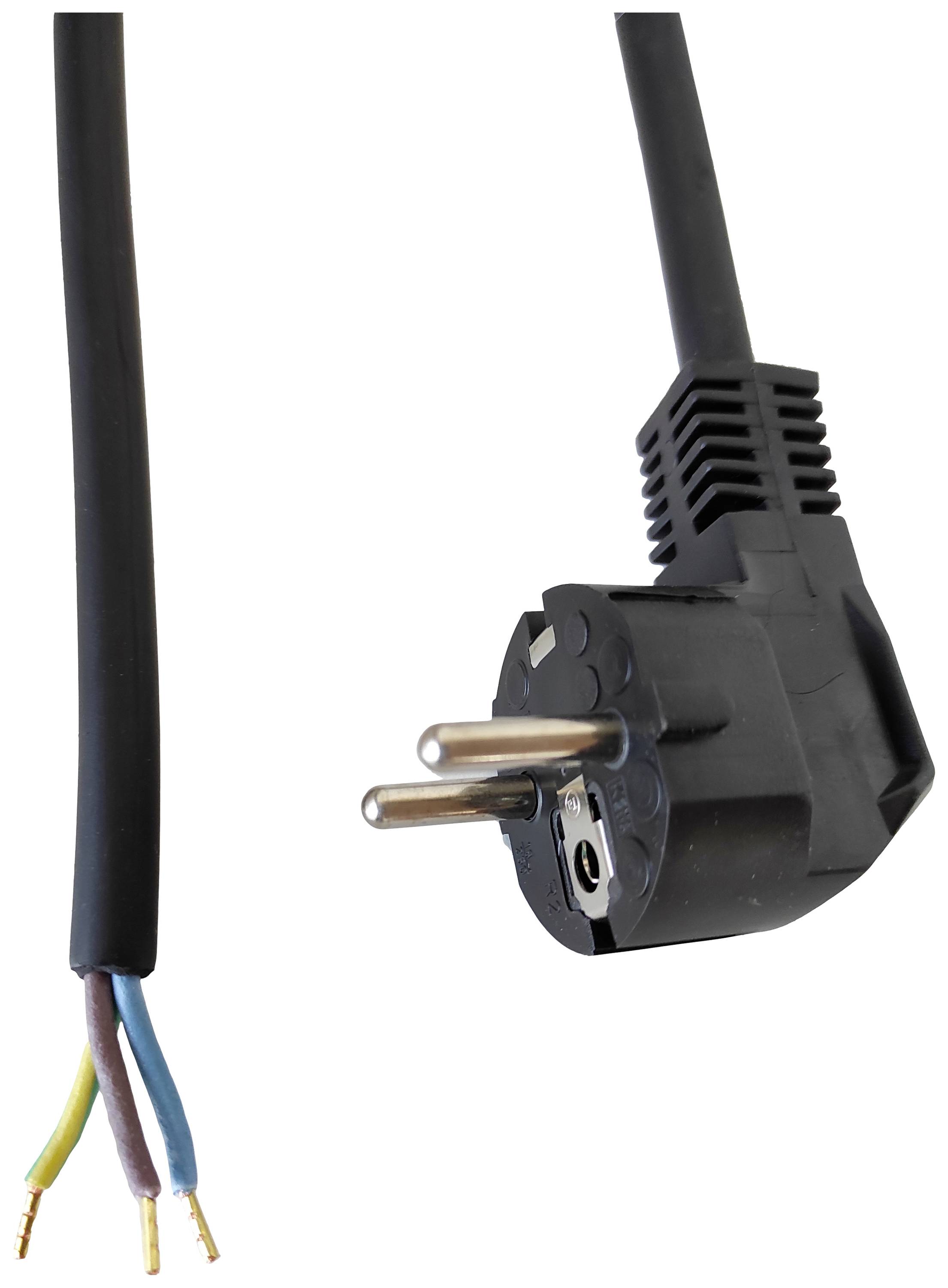 Schwarzes Stromkabel mit einem Eurostecker, offenem Ende mit drei Drahtlitzen in Blau, Braun und Gelb-Grün, getrennt.