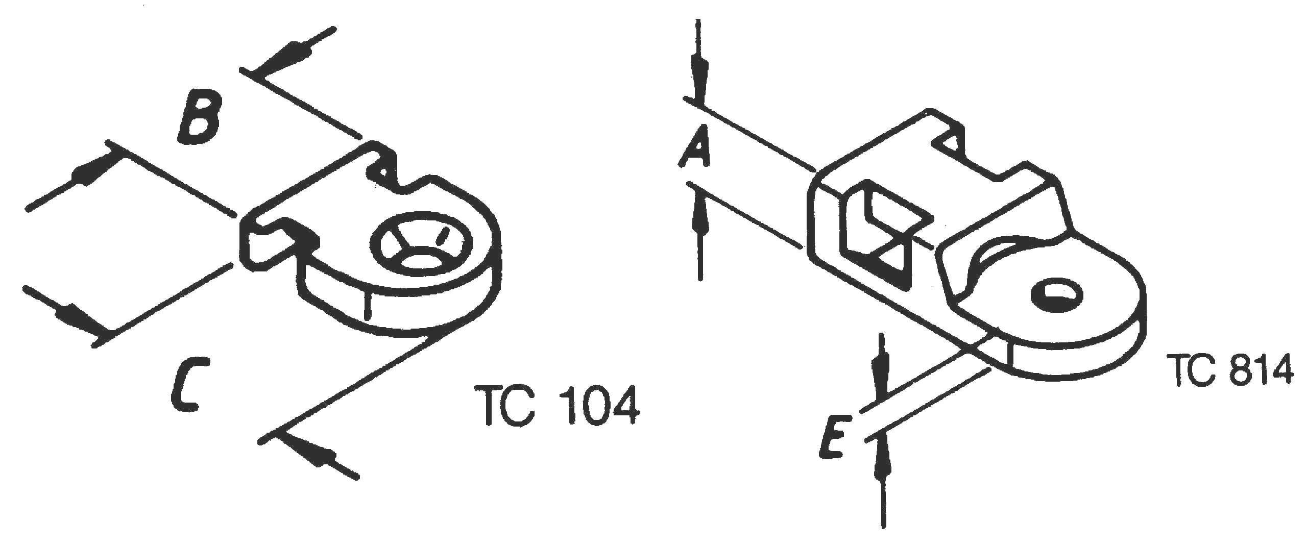 Technische Zeichnung zweier mechanischer Teile mit Bemaßungen 'A', 'B', 'C', und 'E', markiert als TC 104 und TC 814.