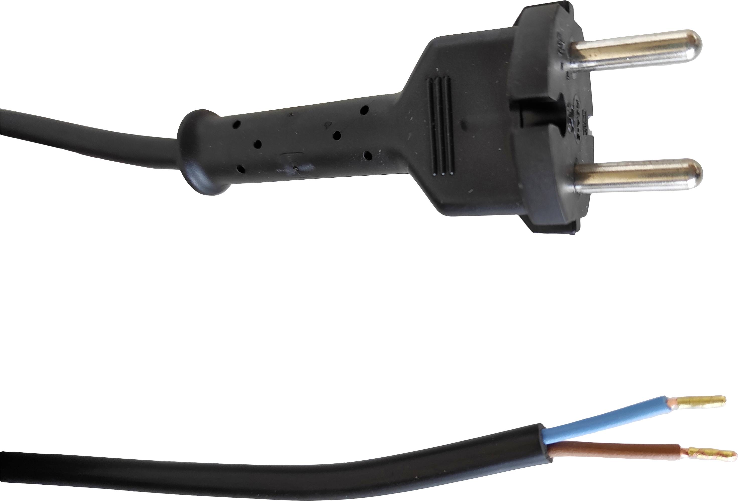 Nahaufnahme eines europäischen Steckeradapters mit freiliegenden blauen und braunen Drähten, die aus dem Kabel herausragen.