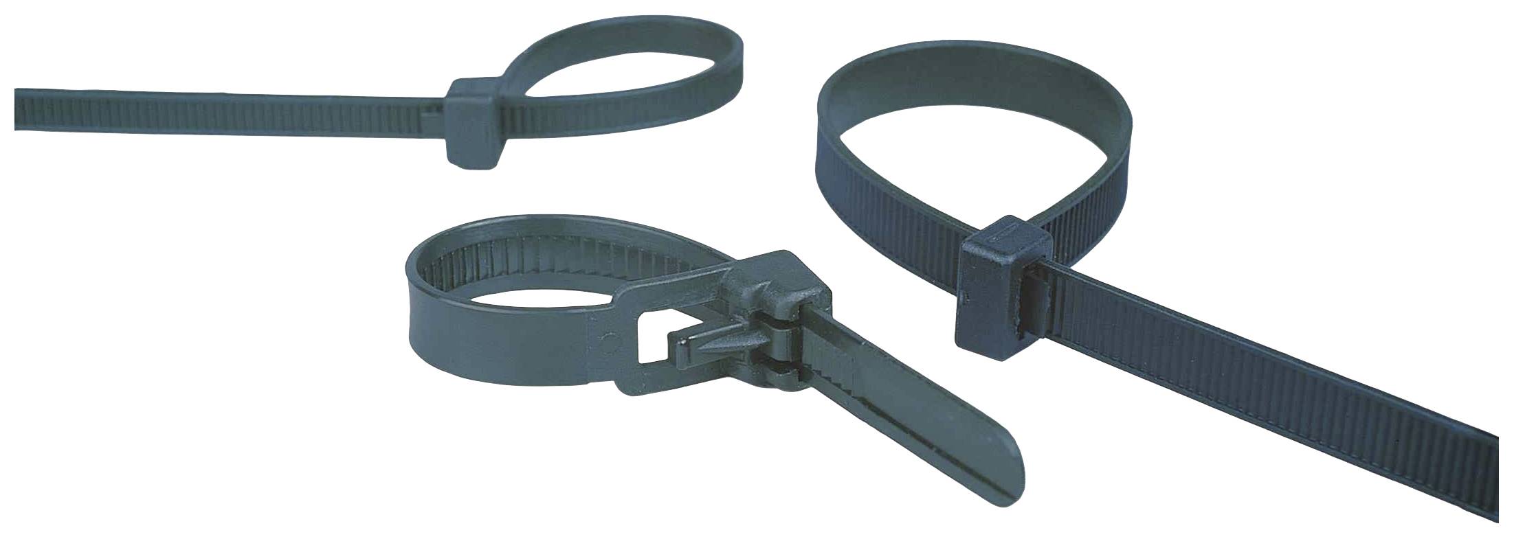 Drei schwarze Kabelbinder aus Kunststoff in verschiedenen Positionen.