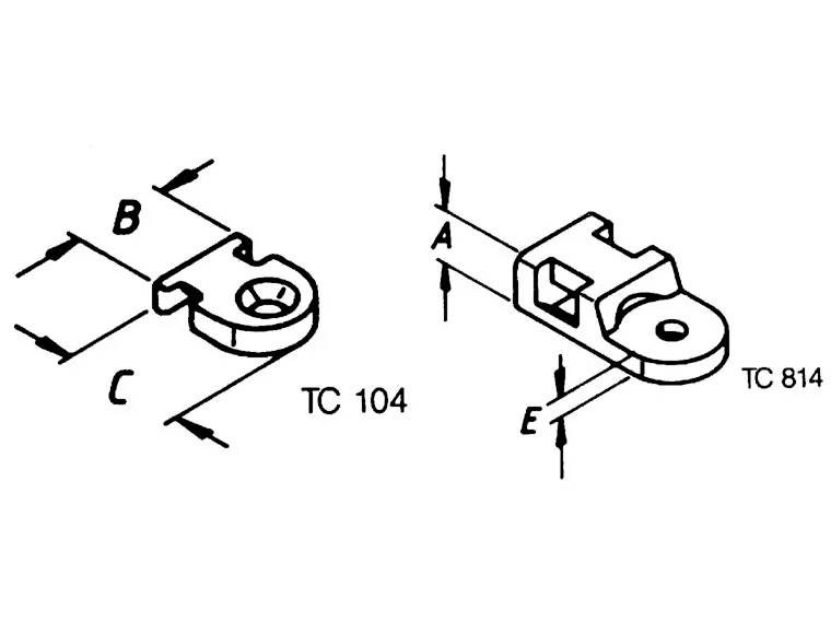 Technische Zeichnung von zwei Metallteilen, TC 104 und TC 814, mit den Maßen A, B, C, und E markiert. Veranschaulicht Form und Größenverhältnisse.