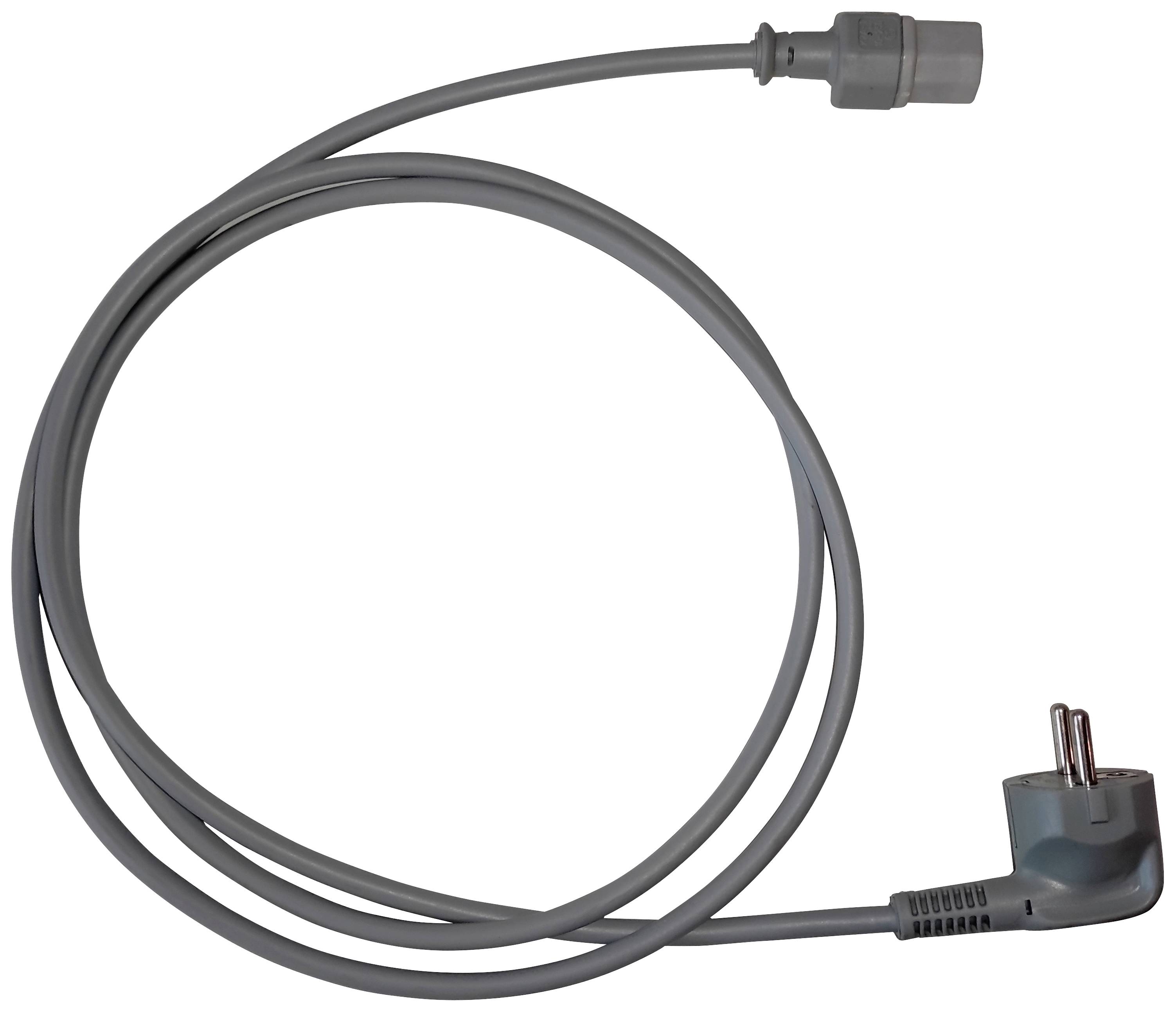 Graues Netzkabel mit einem Eurostecker auf der einen Seite und einer Kupplung auf der anderen, aufgerollt.