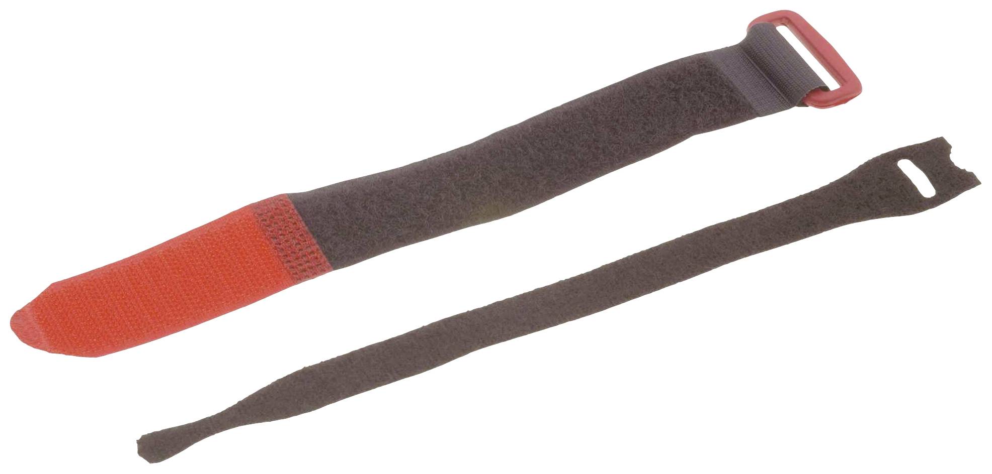 Ein schwarzes und rotes Klettband liegt flach auf einer Oberfläche. Das längere Band hat eine rote Schlaufe an einem Ende.