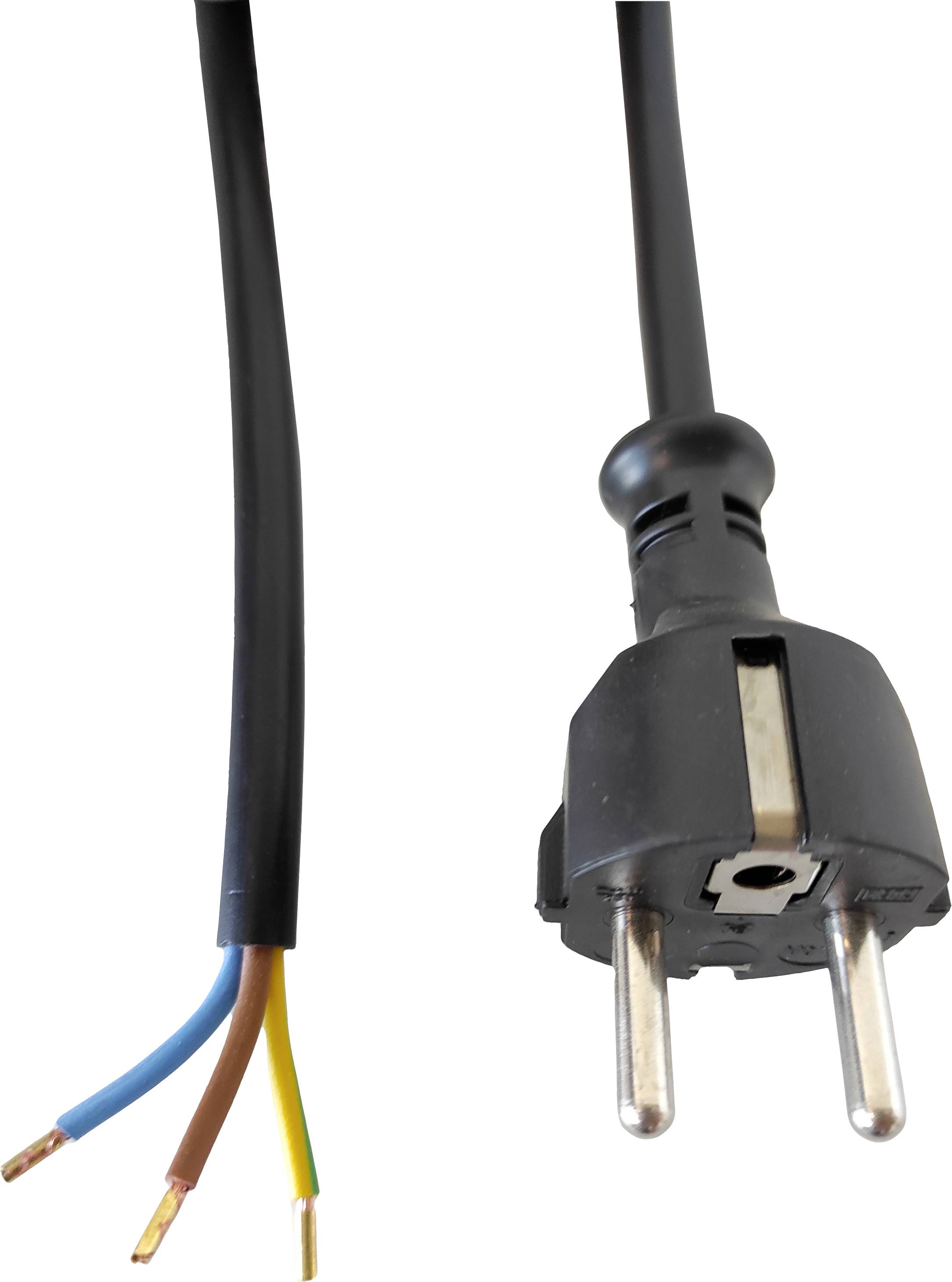 Ein schwarzes Stromkabel mit einem europäischen Stecker auf der rechten Seite und abisolierten Kabelenden auf der linken Seite ist abgebildet.