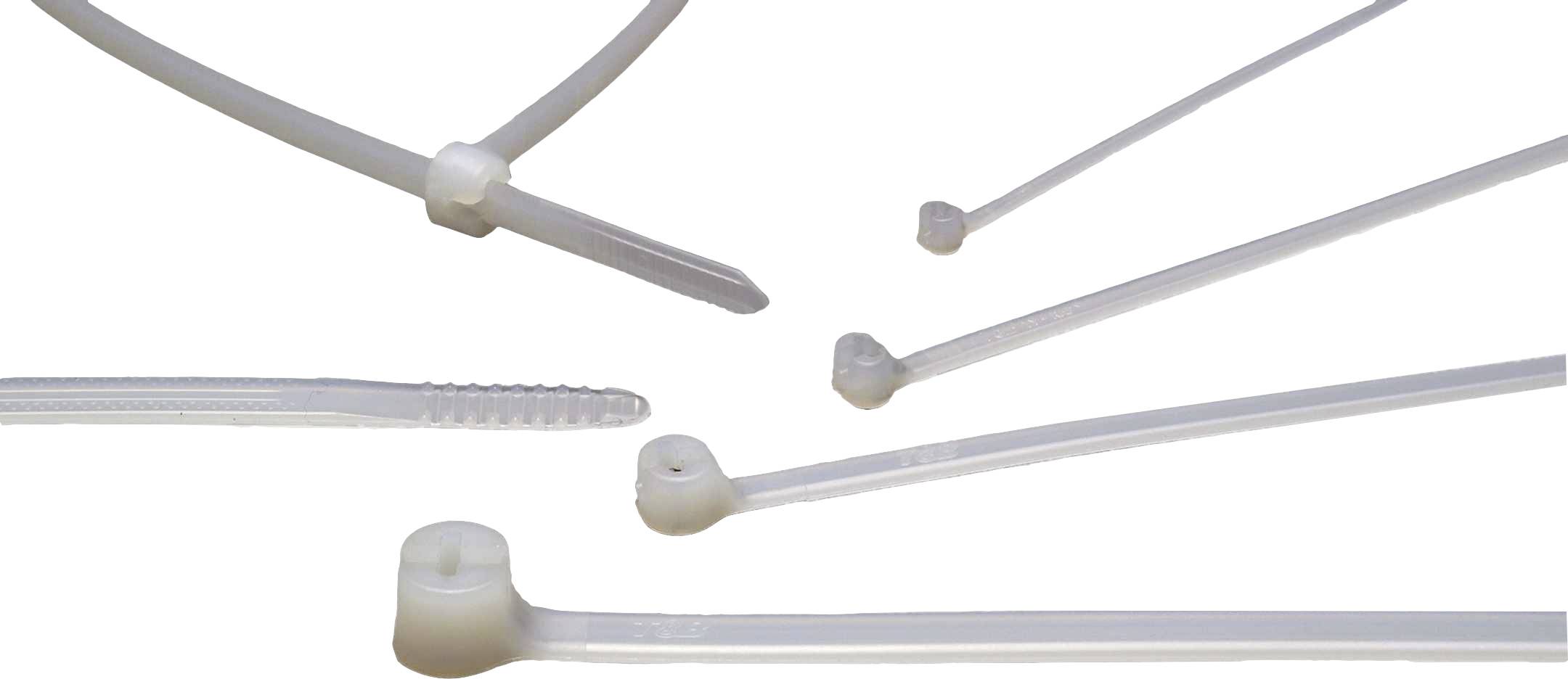 Verschiedene weiße Kabelbinder unterschiedlicher Länge und Größe auf weißem Hintergrund.