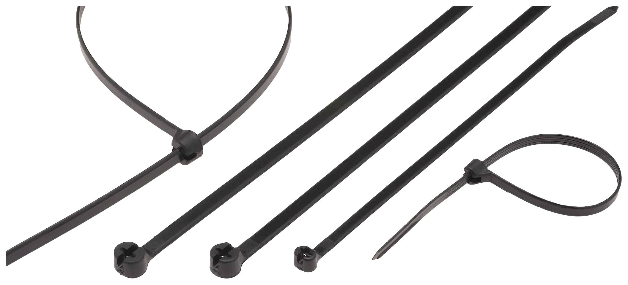 Kabelbinder in verschiedenen Größen, schwarz, nebeneinander angeordnet.