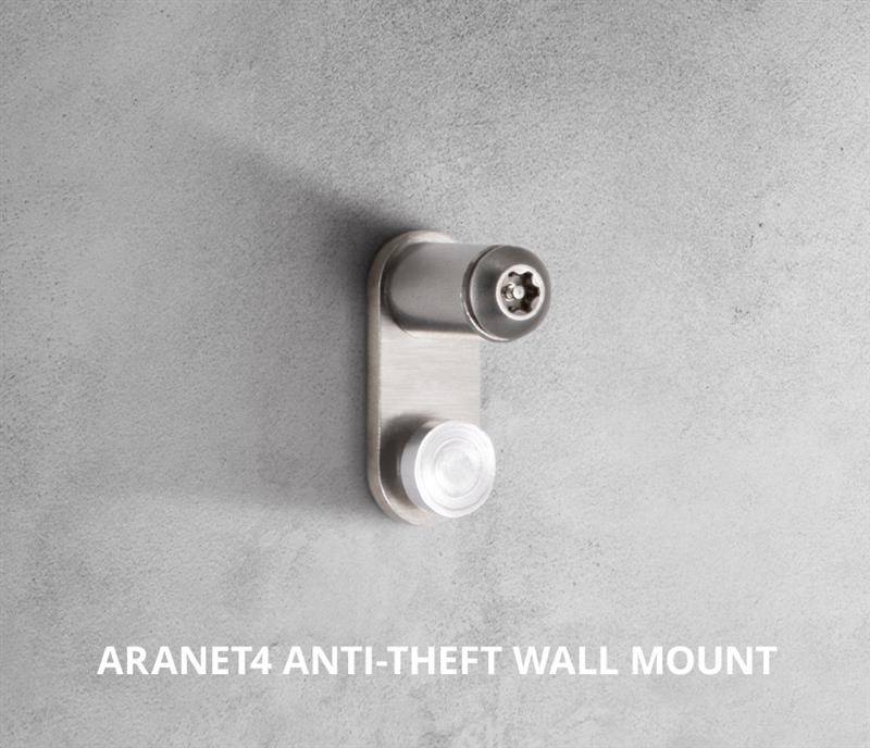 ARANET4 Anti-Diebstahl Wandhalterung aus Metall, montiert auf einer grauen Wand, zeigt robustes Design für sicheren Halt.