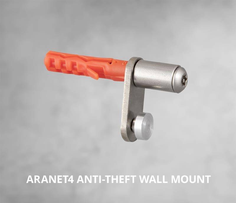 'Aranet4 Anti-Theft Wall Mount' vor grauem Hintergrund, zeigt eine silberne Wandhalterung mit rotem Dübel.