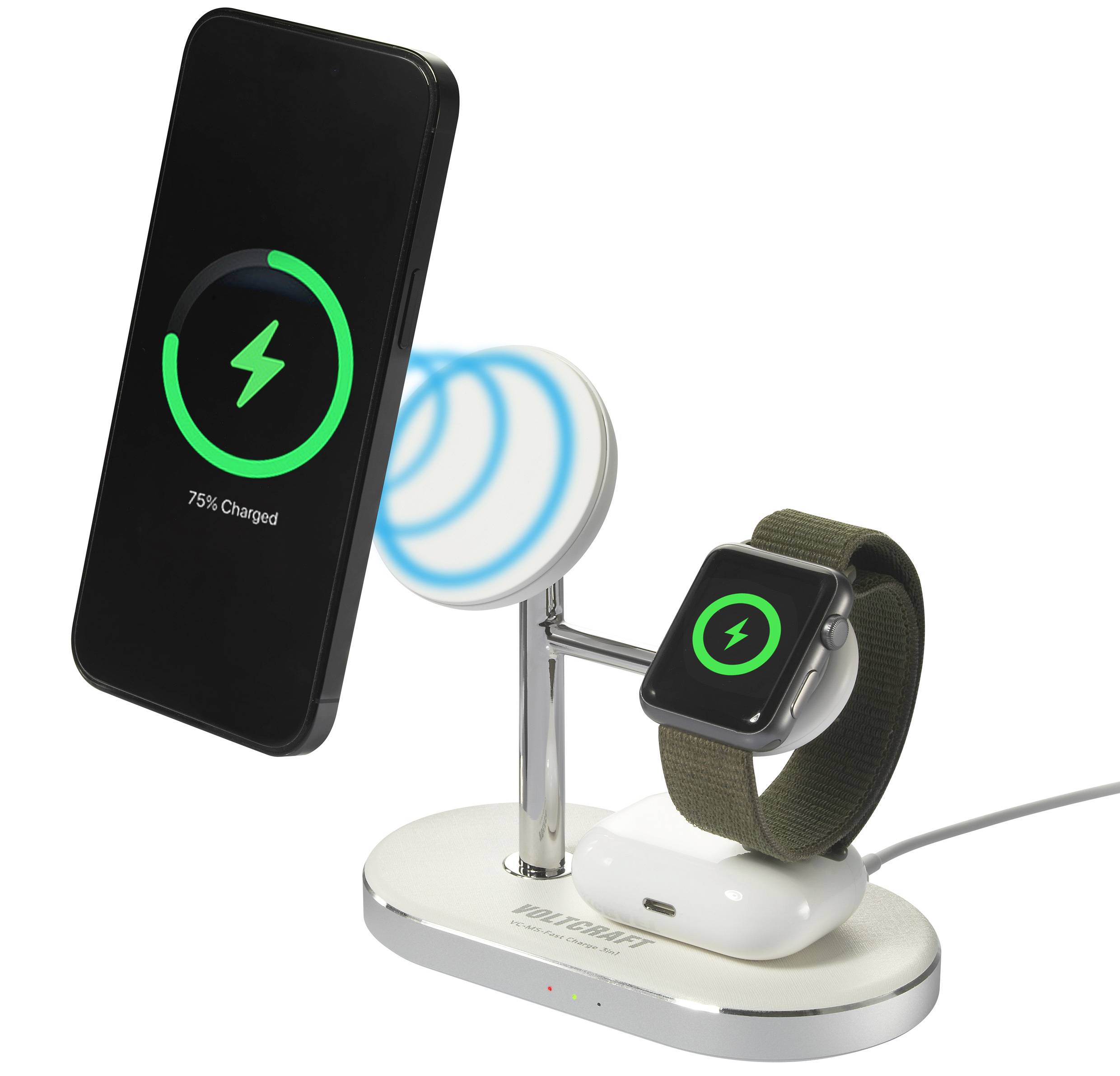 VOLTCRAFT Induktions-Ladeadapter 1.12A VC-MS-Fast Charge 3in1 VC-14134090 Ausgänge Induktionslade-Standard Weiß-Silber