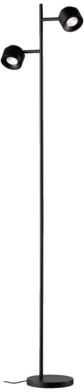 Eine schwarze Stehlampe mit zwei verstellbaren Lampenschirmen, die sich in entgegengesetzte Richtungen drehen lassen.