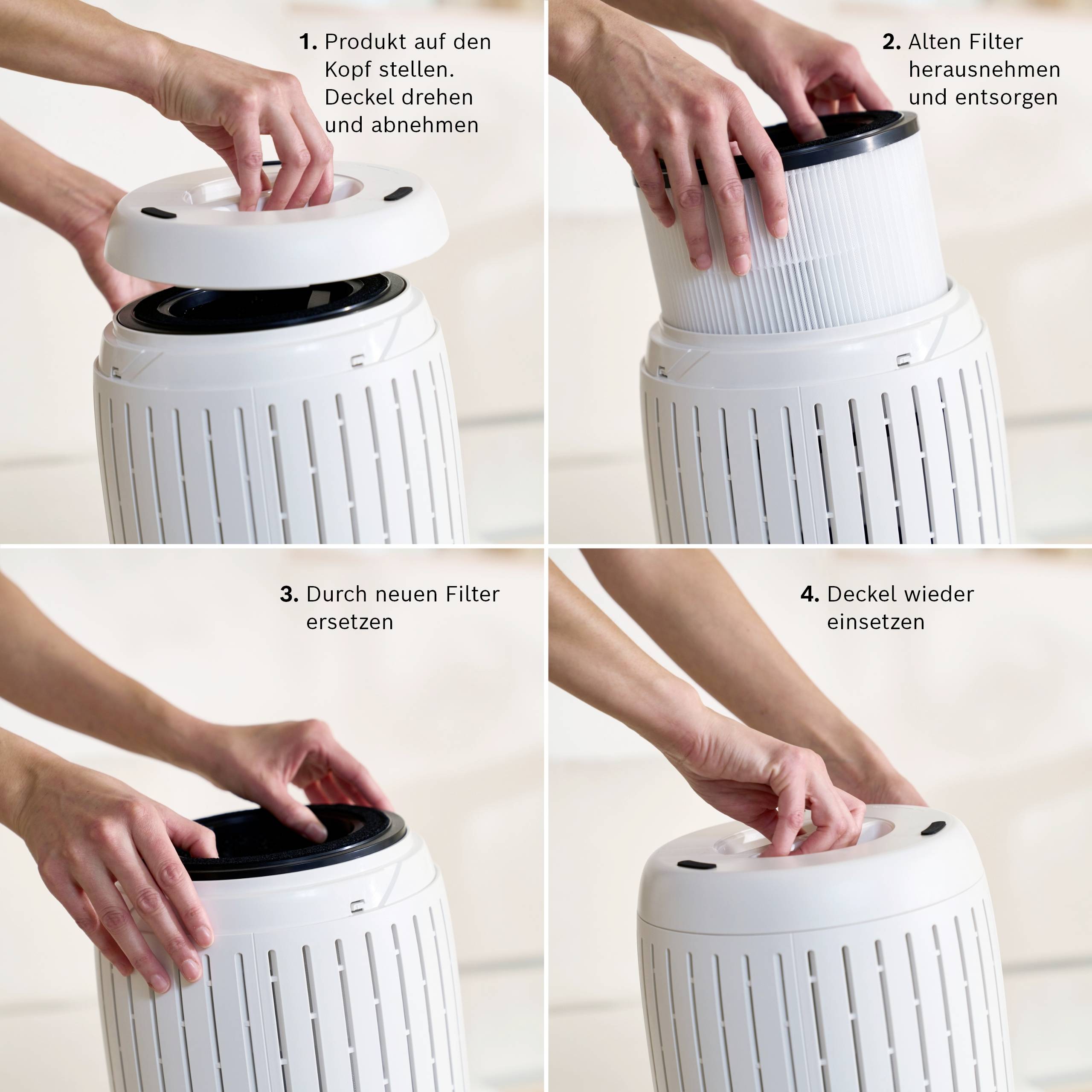 Bildanleitung zur Filterwechsel an einem Luftreiniger in vier Schritten: 1. Deckel entfernen, 2. Alten Filter herausnehmen, 3. Neuen Filter einsetzen, 4. Deckel schließen.
