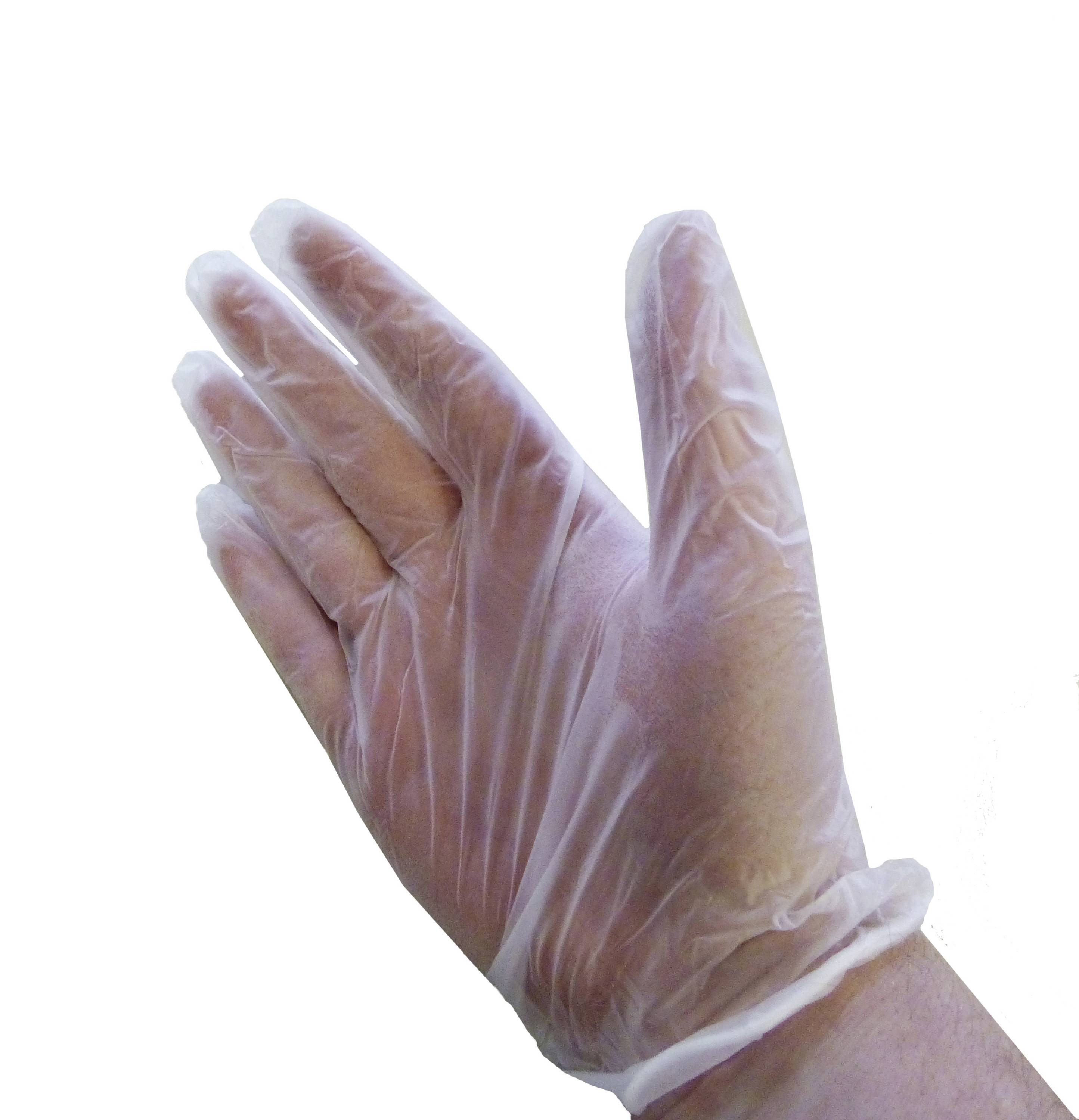 Eine Hand in einem transparenten Einweghandschuh wird gezeigt, die Finger gespreizt.