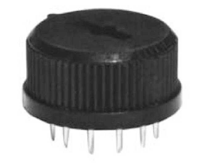Schwarzes, rundes elektronisches Bauteil mit mehreren Metallpins auf der Unterseite.