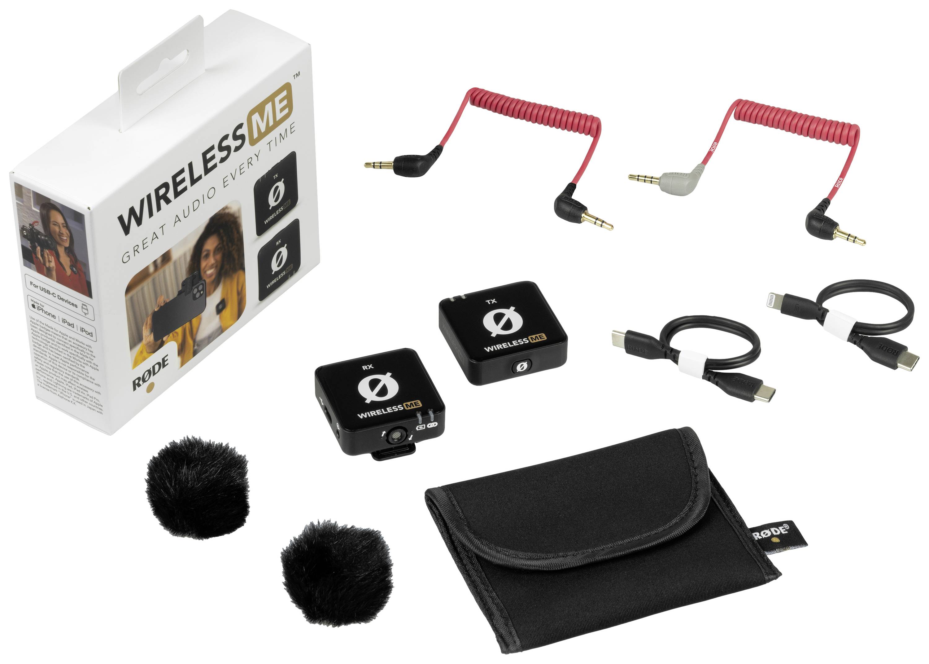 Kabelloses Mikrofonset mit zwei Empfängern, zwei Kabeln, zwei Windschutzaufsätzen, einer Tasche und einer Verpackung.