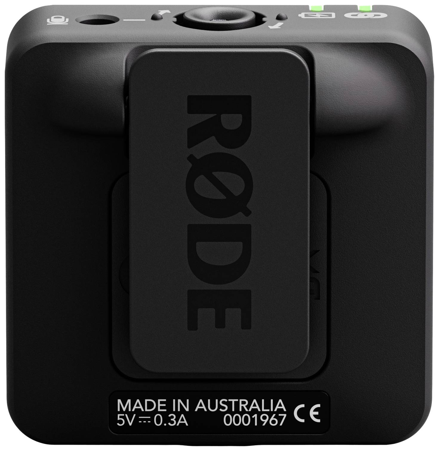 Ein kleines, quadratisches schwarzes Gerät mit Clip, darauf steht 'RØDE'. Unten steht 'MADE IN AUSTRALIA'.