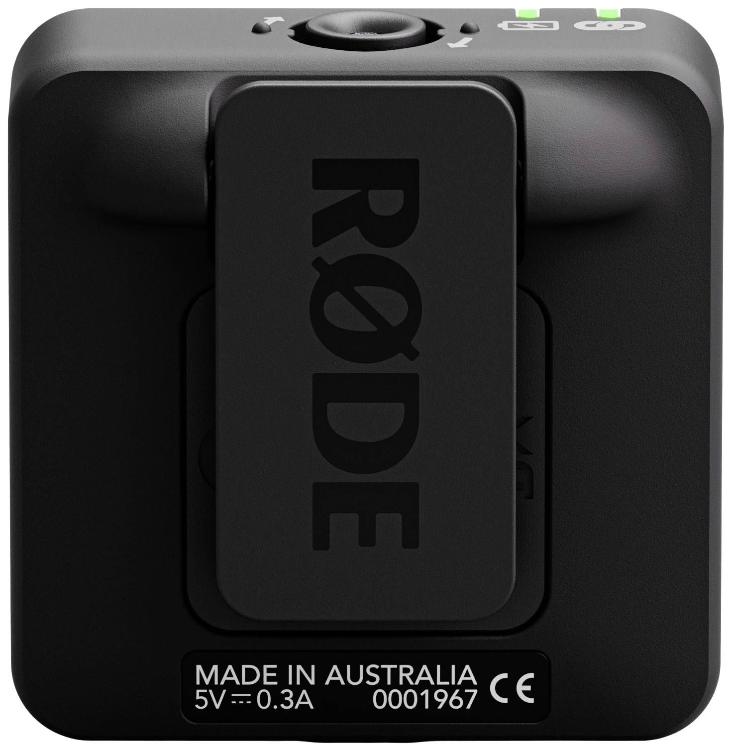 Kleines, schwarzes Gerät mit 'RØDE'-Logo und USB-C-Anschluss. Herstellerangaben 'Made in Australia' sind auf der Rückseite zu sehen.