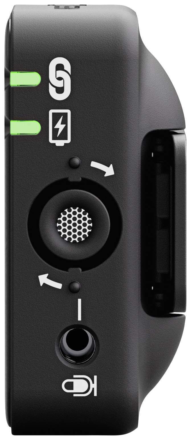 Schwarzes Gerät mit Ladeanschluss, Bluetooth-Symbol und Kopfhörereingang. Zwei grüne Kontrollleuchten zeigen Status an.