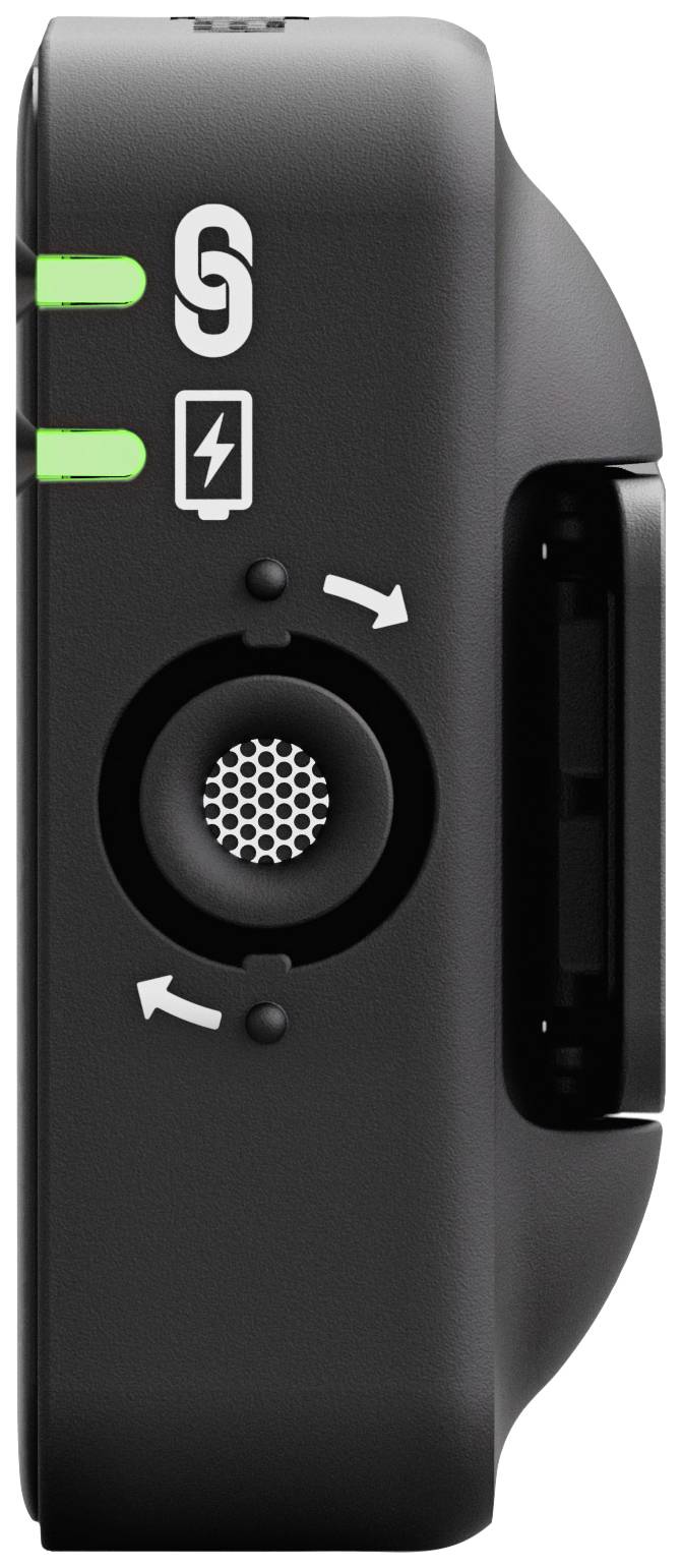 Seitenansicht eines schwarzen elektronischen Geräts mit zwei grünen LEDs und einem Pfeiltasten-Design. Symbol für WLAN und Ladezustand sichtbar.