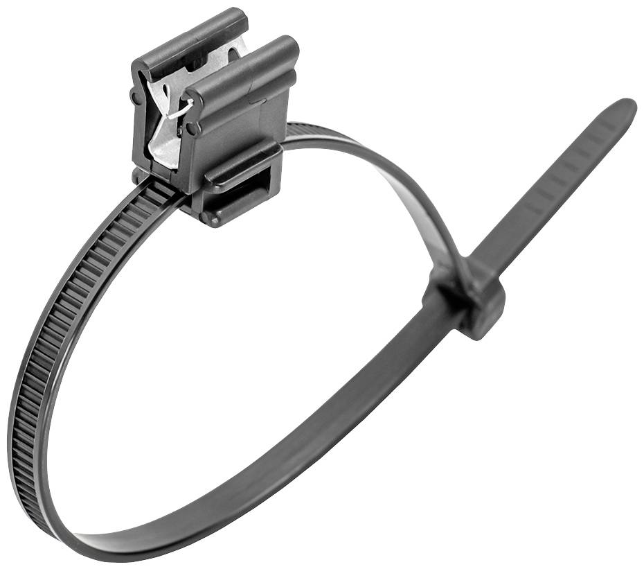 Ein schwarzer Kabelbinder mit Rastersystem zur Befestigung oder Sicherung von Objekten.
