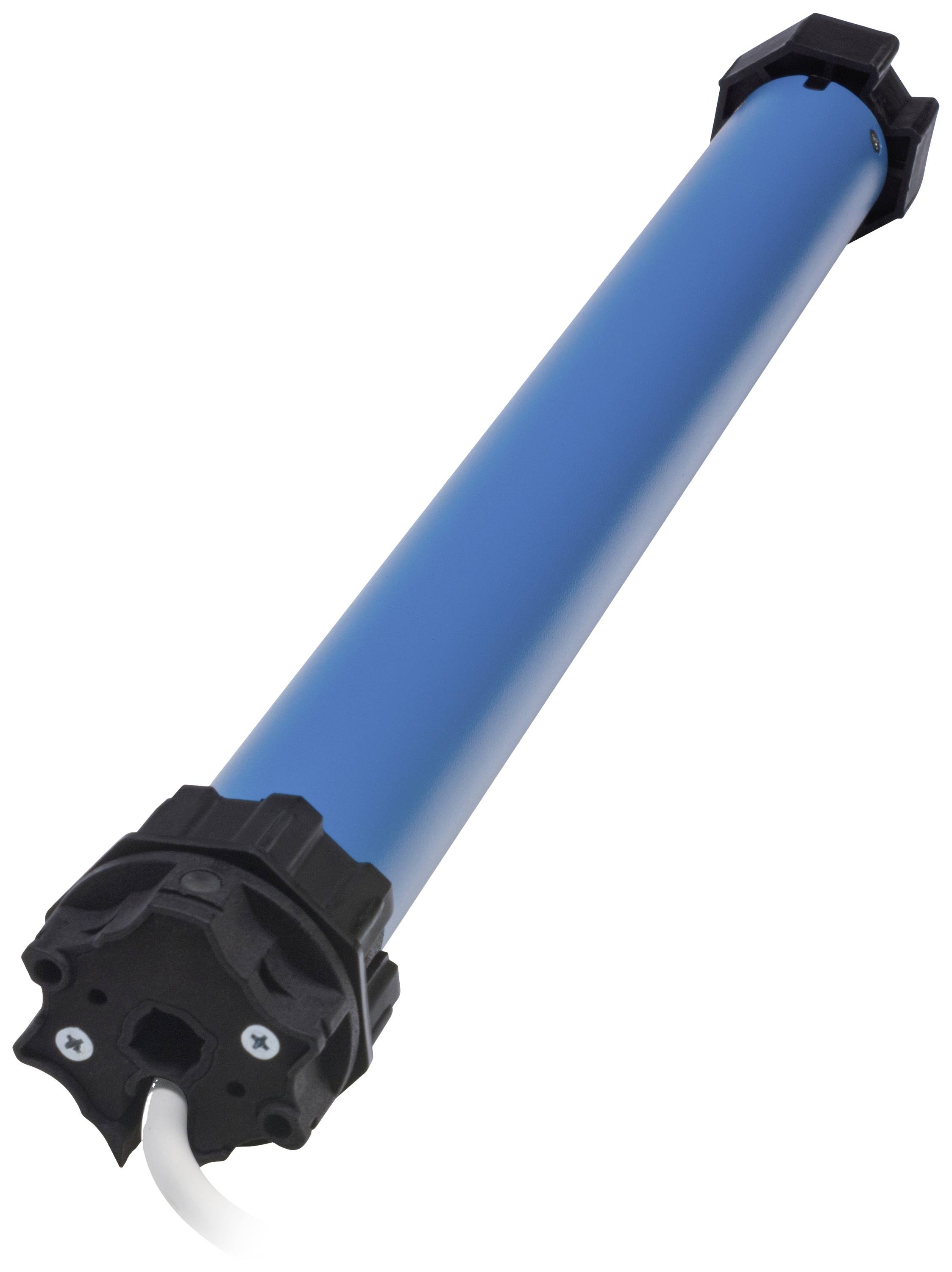 Ein blauer Rohrmotor für Rollläden oder Markisen, mit Kabel am unteren Ende.