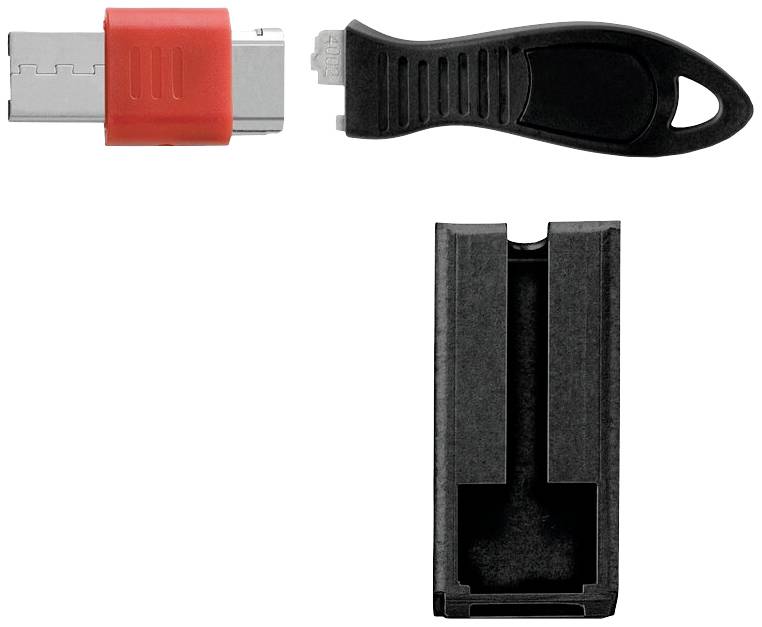 Ein rotes USB-C-Laufwerk, ein schwarzer USB-Stick mit Schlaufe und ein schwarzes Etui für das USB-Gerät.