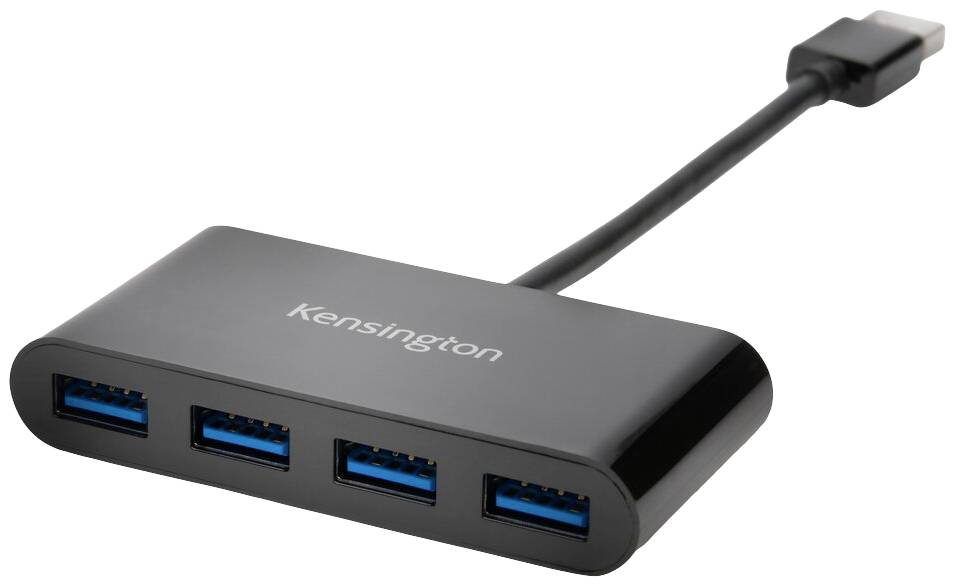 Ein schwarzer USB-Hub mit vier blauen USB-Anschlüssen der Marke Kensington, verbunden durch ein kurzes Kabel mit USB-Stecker.