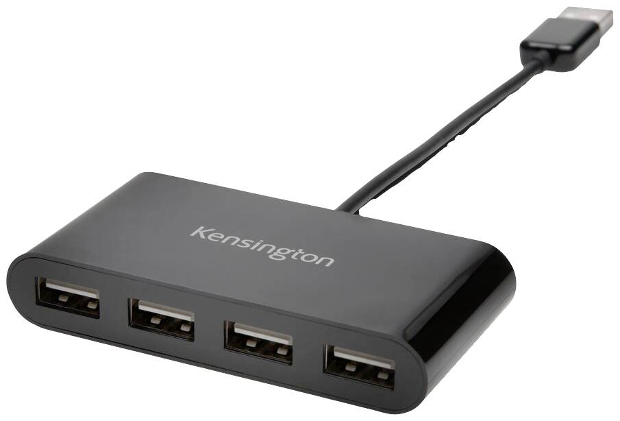 USB-Hub mit vier Anschlüssen und einem Kabel. Marke 'Kensington' ist auf der Oberseite sichtbar. Ideal fürs Anschließen mehrerer Geräte.