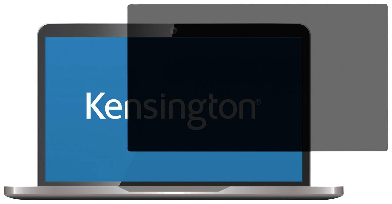 Laptop mit geöffneter Displayabdeckung, zeigt den Namen 'Kensington' auf blauem Bildschirm. Schützt vor unerwünschten Blicken.