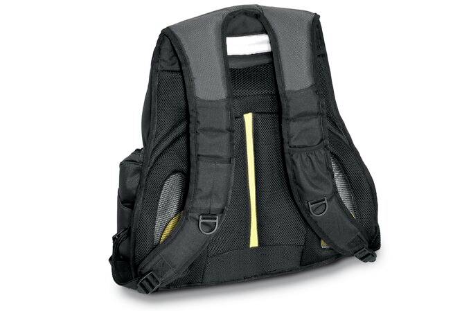 Schwarzer Rucksack mit gepolsterten Trägern und einem gelben Streifen.