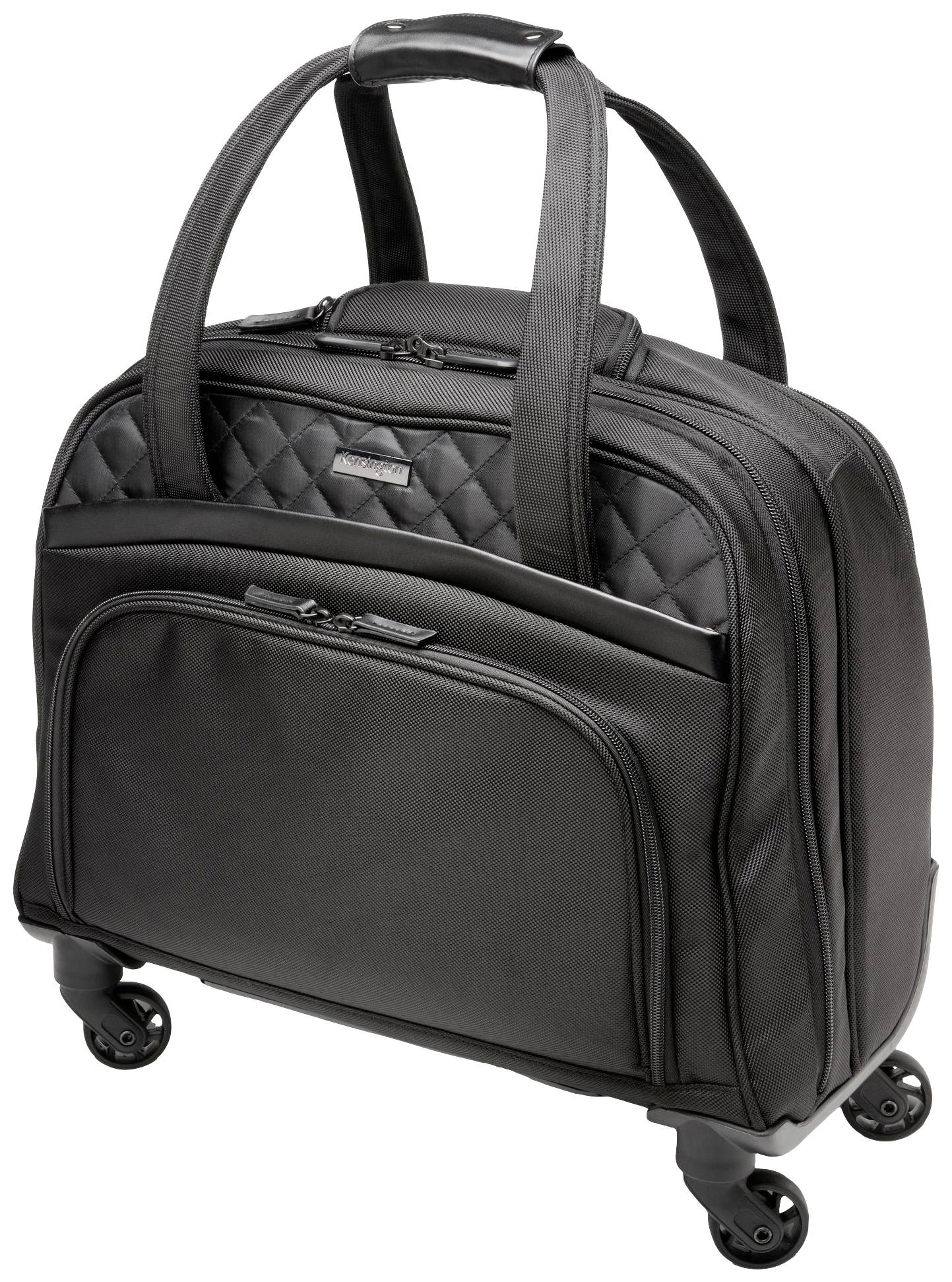 Schwarze Rollreisetasche mit vier Rollen, robustem Griff und mehreren Reißverschlusstaschen, geeignet für Geschäftsreisen.