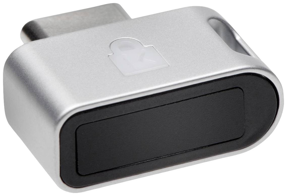 Ein silberner USB-C-Sicherheitsstick zur Zwei-Faktor-Authentifizierung mit schwarzem Einsatz, oft verwendet für erhöhte Sicherheit bei digitalen Zugängen.