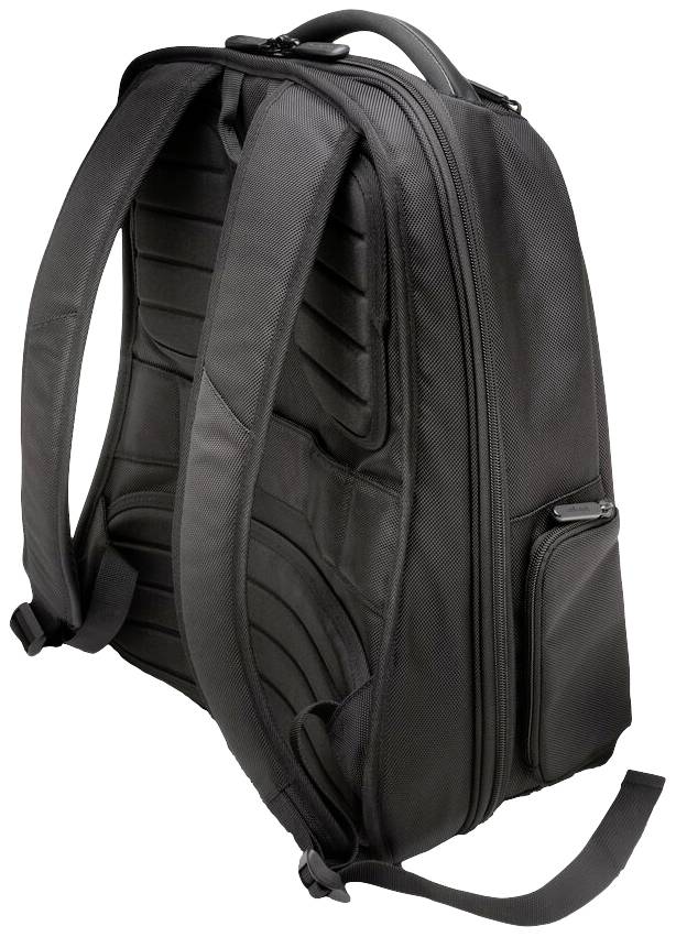 Ein schwarzer Rucksack mit ergonomisch gepolsterten Trägern und mehreren Reißverschlusstaschen, ideal für den täglichen Gebrauch.