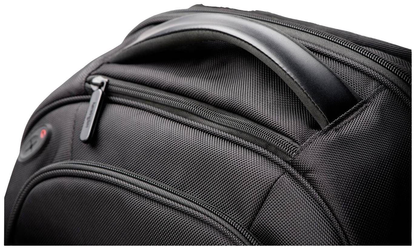 Der obere Teil eines schwarzen Rucksacks mit robustem Griff und Reißverschlussfach, geeignet für den Transport von Laptops oder Dokumenten.