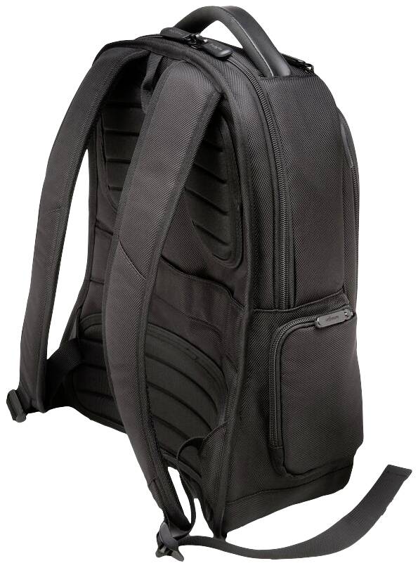 Schwarzer Rucksack mit gepolsterten Schultergurten und mehreren Fächern. Seitenansicht zeigt ergonomisches Design.