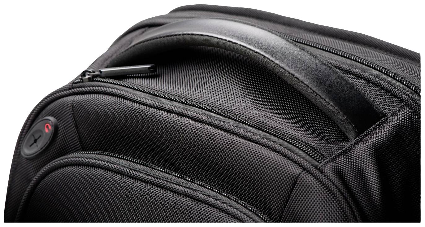 Schwarzer Rucksack mit stabilem Griff und Reißverschluss, Nahaufnahme. Ideal für Reisen und täglichen Gebrauch.