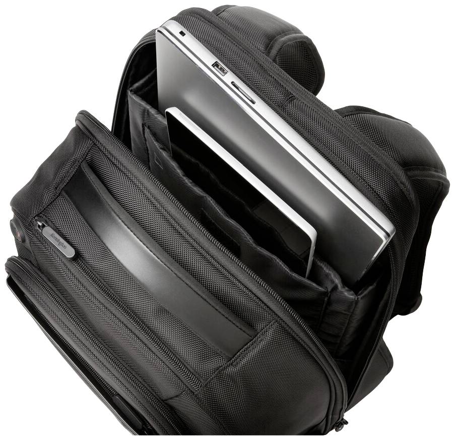 Ein offener schwarzer Rucksack mit einem Laptop und einem Tablet in separaten Fächern. Ideal für unterwegs Arbeitende.