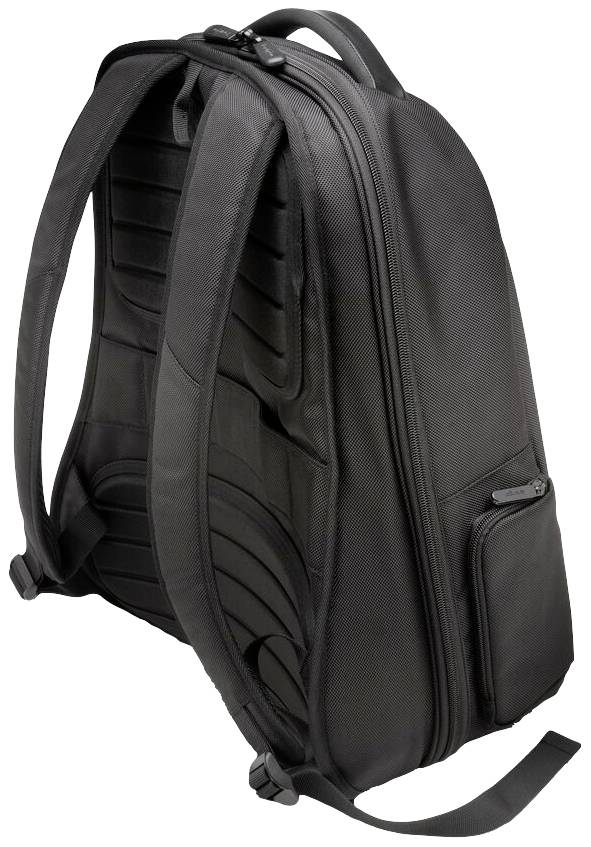 Schwarzer Rucksack mit gepolsterten Trägern und mehreren Fächern, rückseitige Ansicht.