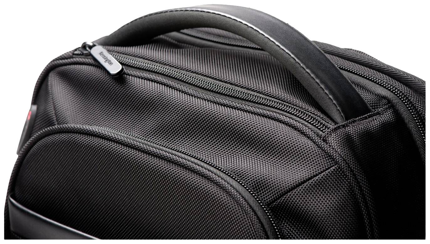 Schwarzer Rucksack mit strukturiertem Stoff, gezeigter Reißverschluss und Griff, Nahaufnahme der oberen Ecke.