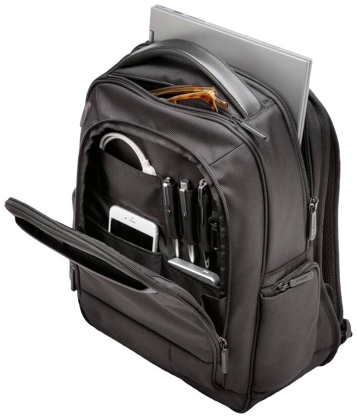 Schwarzer Rucksack mit mehreren Fächern, gefüllt mit Laptop, Handy, Stiften und Kabeln. Ideal für Organisation und Transport.