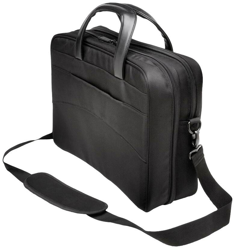 Schwarze Laptoptasche mit Griffen und Schultergurt, mehrere Fächer, robustes Design, geeignet für den Transport von Computern.