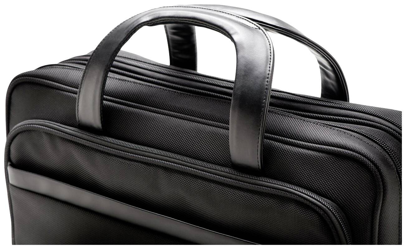 Eine schwarze, strukturierte Aktentasche mit zwei Ledergriffen und mehreren Fächern, die eine professionelle und klassische Optik hat.