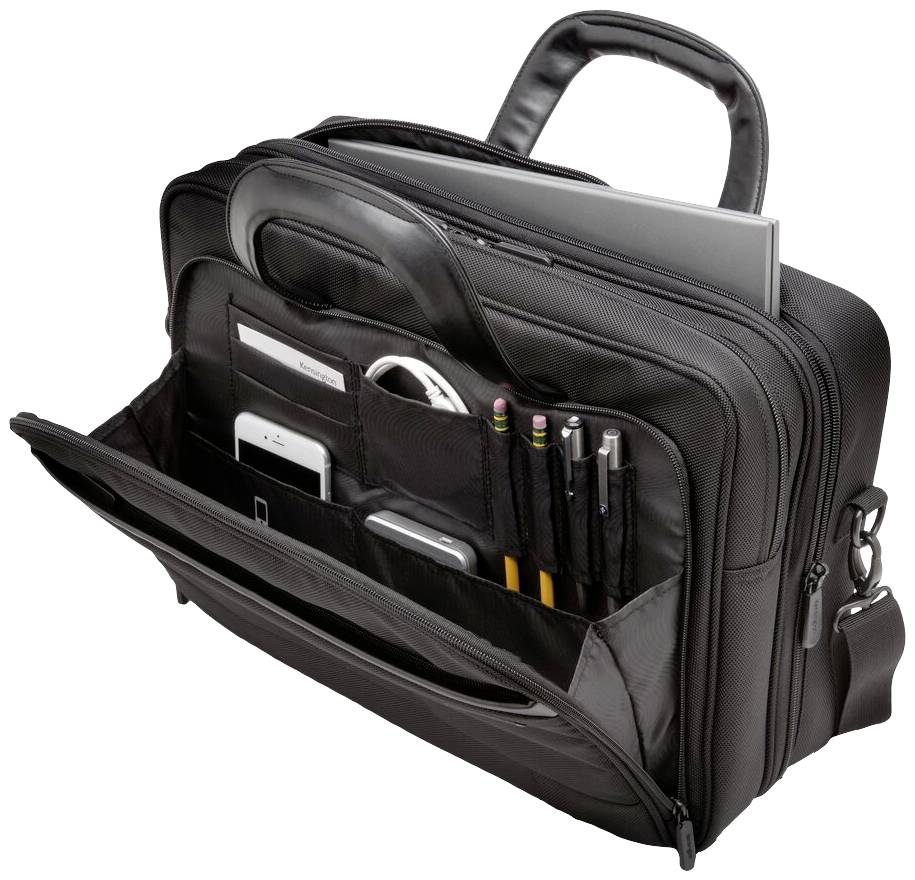 Schwarze Laptoptasche geöffnet, zeigt Fächer mit Schreibstiften, Smartphone, Notizbuch und Laptop, bereit für den Transport.