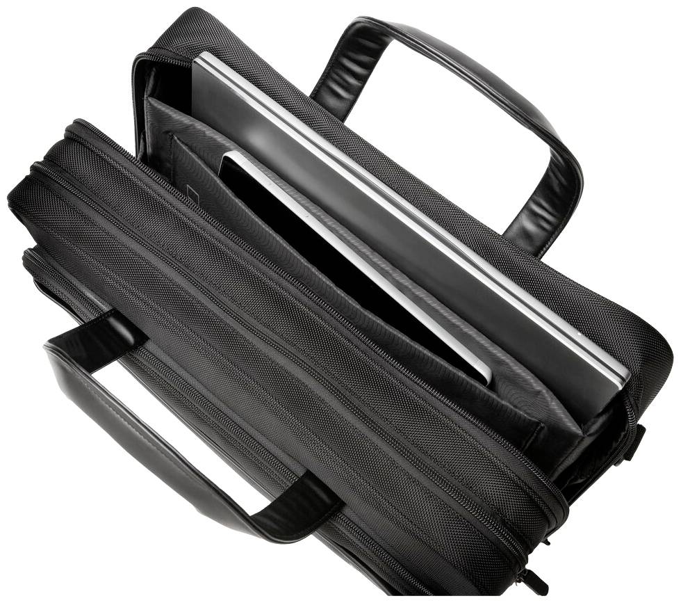 Eine schwarze Aktentasche, geöffnet, zeigt ein Laptopfach mit einem Laptop darin. Die Tasche hat zwei Griffe und mehrere Fächer.