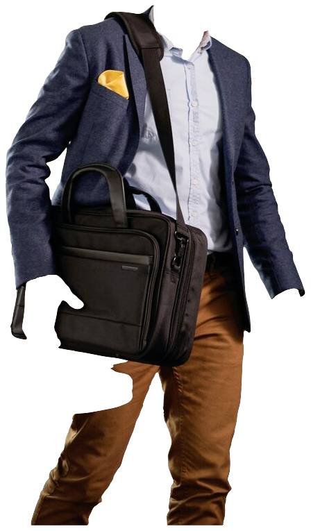 Person mit blauem Sakko, hellblauem Hemd und brauner Hose trägt eine schwarze Aktentasche über der Schulter.