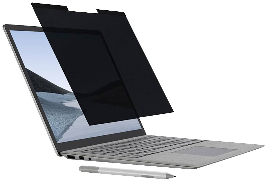 Laptop mit Sichtschutzfolie auf dem Bildschirm, die den Inhalt verdunkelt, daneben liegt ein silberner Stift.