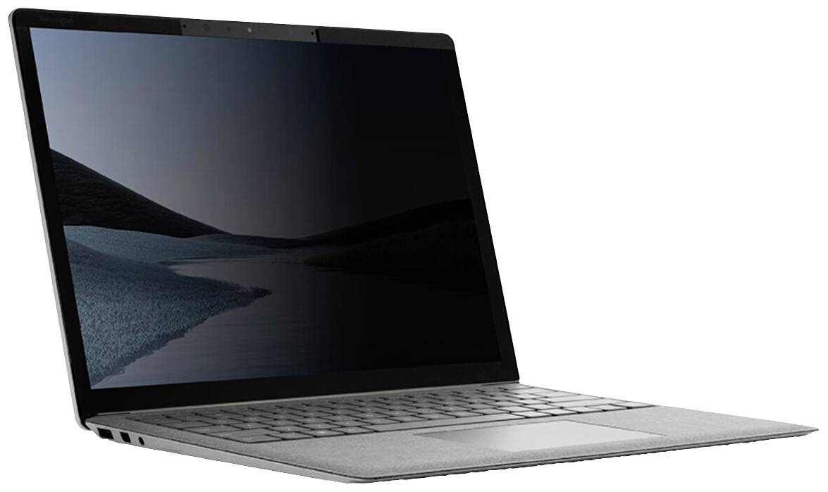 Ein schwarzes, schlankes Laptop mit geöffneter Anzeige. Der Bildschirm zeigt eine dunkle, minimalistische Landschaft.