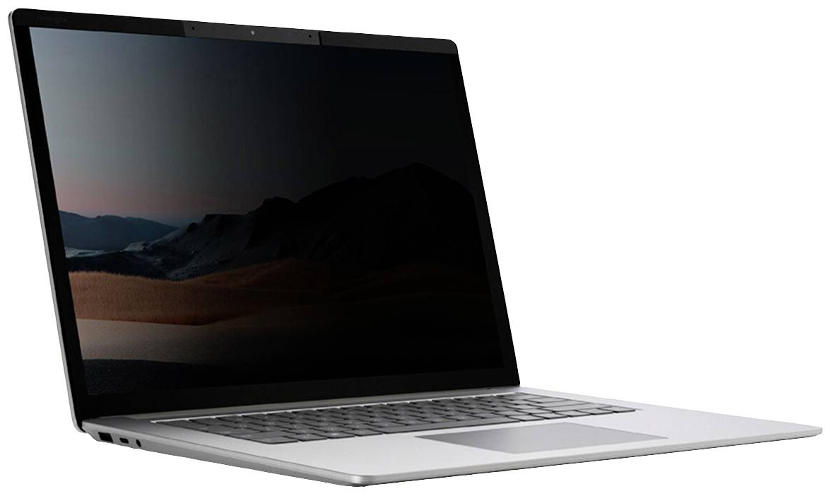 Ein silberner Laptop mit geöffnetem Bildschirm zeigt eine Berglandschaft bei Sonnenuntergang.