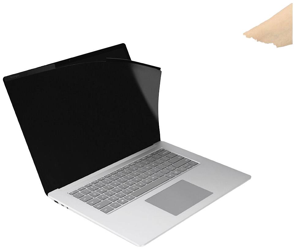Offener Laptop mit schwarzem Bildschirmfilter zur Reduzierung von Blickwinkeln. Rechter Oberecke enthält Finger, zeigt auf den Filter.