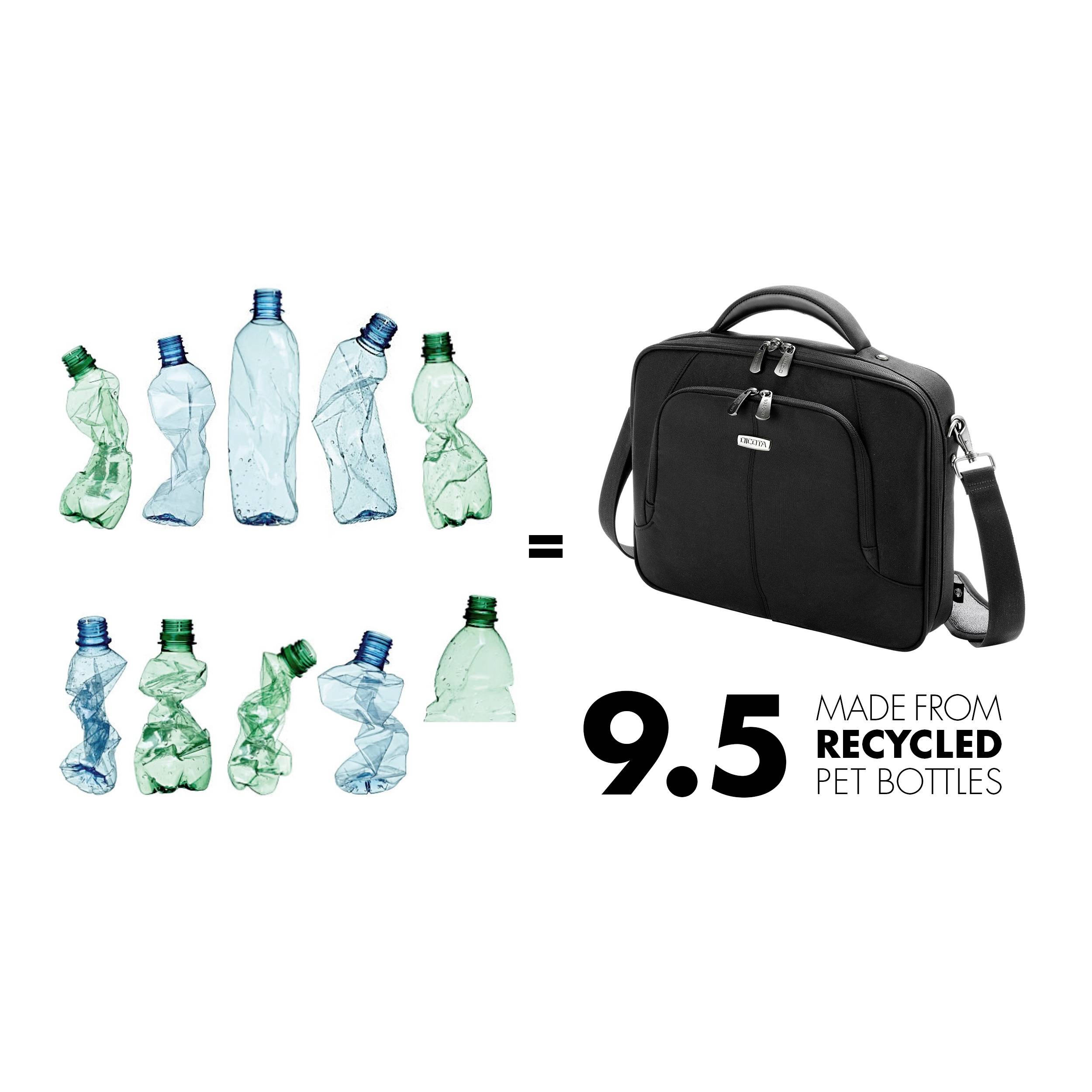 Acht zerknitterte Plastikflaschen ergeben eine schwarze Umhängetasche. Text: 9,5 hergestellt aus recycelten PET-Flaschen.